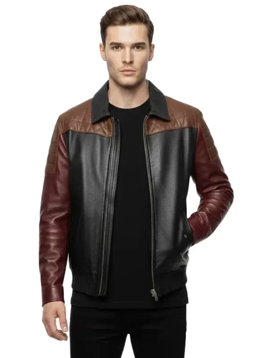 Mens Color-Block Black Bomber Leather Jacket