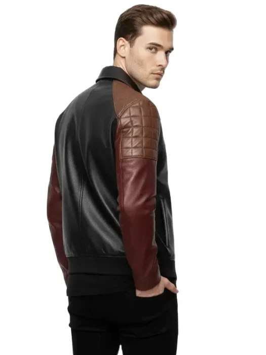 Mens Color-Block Black Bomber Leather Jacket Back
