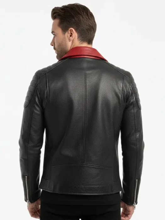 Mens Motorcycle Black Leather Jacket - Red Contrast Collar
