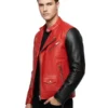 Mens Red & Black Biker Leather Jacket with Racing Stripes