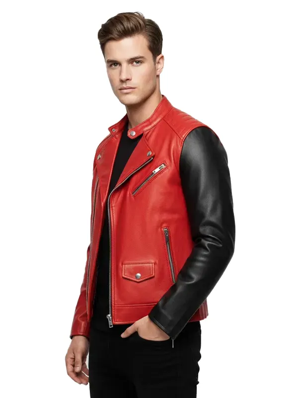 Mens Red & Black Biker Leather Jacket with Racing Stripes