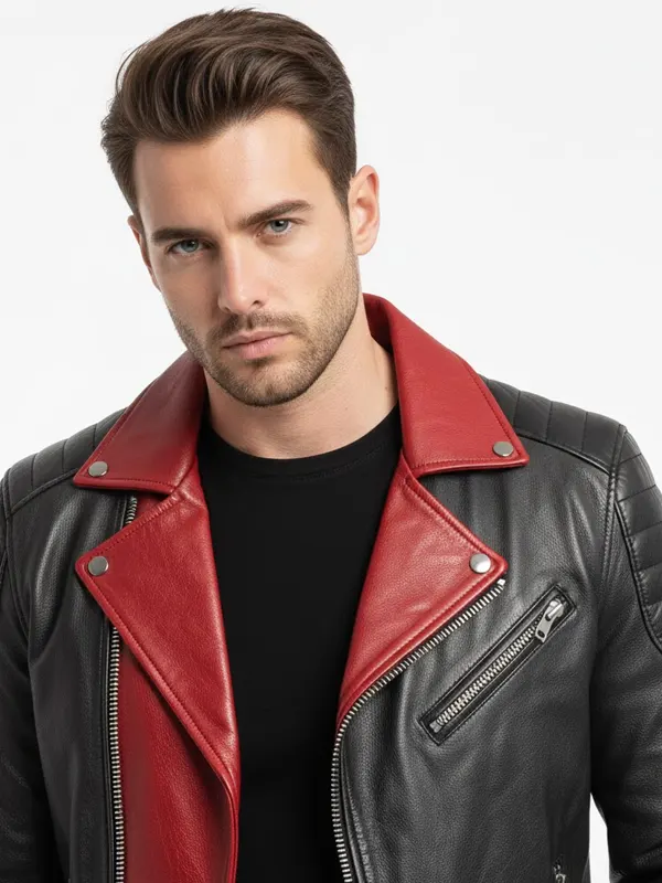 Mens Red Contrast Collar Motorcycle Leather Jacket