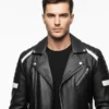 Motorcycle Black Leather Jacket with white contrast
