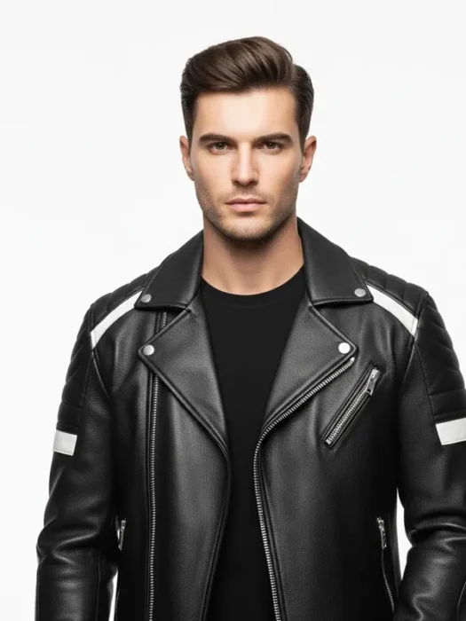Motorcycle Black Leather Jacket with white contrast