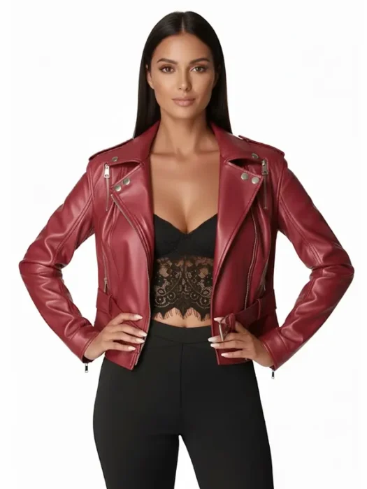 Nordstrom Women Genuine Leather Dark Red Moto Biker Jacket