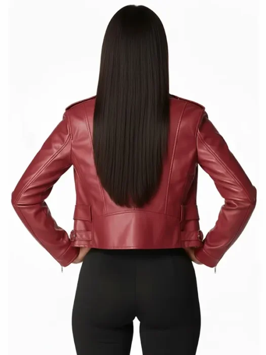Nordstrom Women Genuine Leather Dark Red Moto Biker Jacket Back