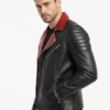 Red Contrast Collar Mens Motorcycle Black Leather Jacket