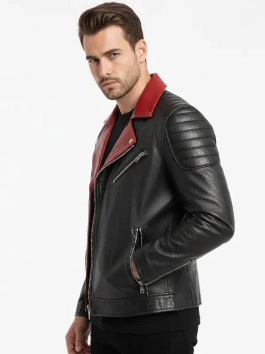 Red Contrast Collar Mens Motorcycle Black Leather Jacket