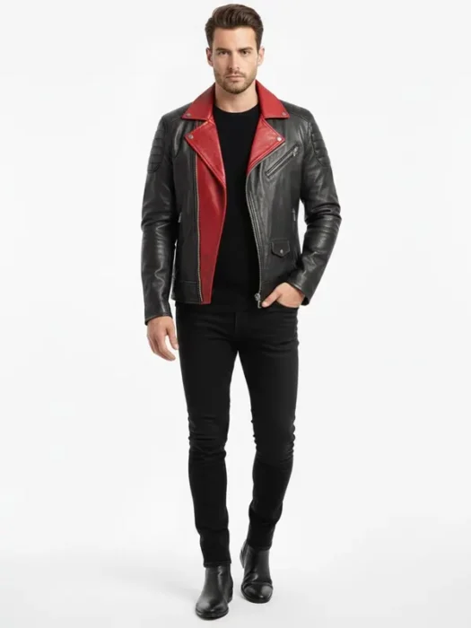 Red Contrast Collar - Motorcycle Leather Jacket