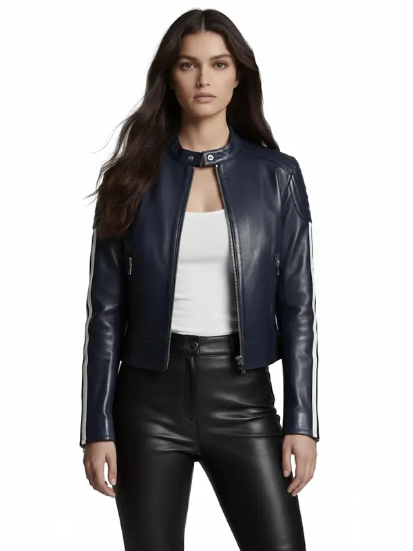Strip Style Moto Navy Leather Jacket