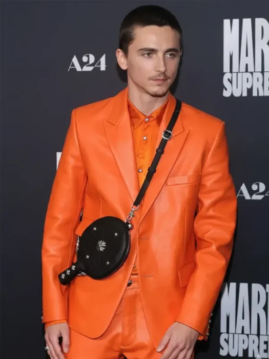 Timothée Chalamet A24’s Marty Supreme Oranger Leather Blazer