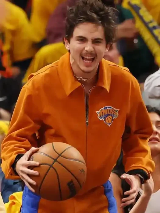 Timothée Chalamet Knicks Game Orange Jacket