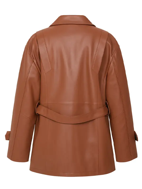 Womens Brown Leather Belted Jacket Back