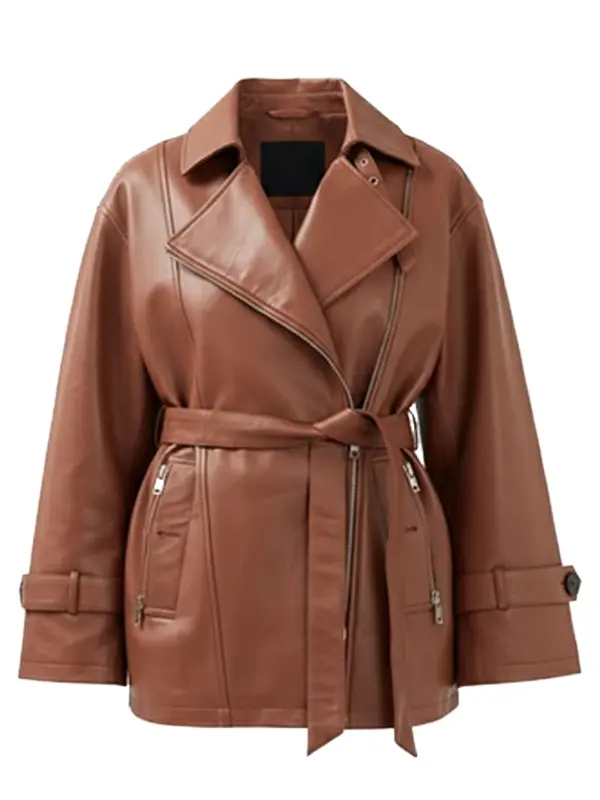 Womens Brown Leather Belted Jacket