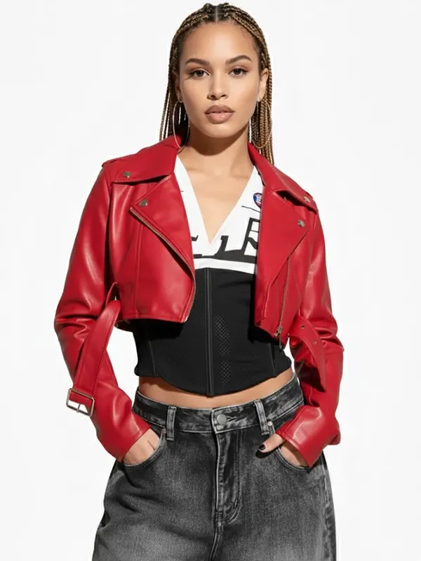 Womens Essential Cropped Leather Moto Red Jacket