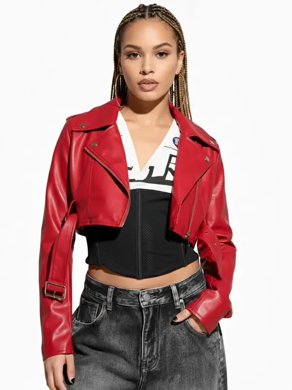 Womens Essential Cropped Moto Red Leather Jacket
