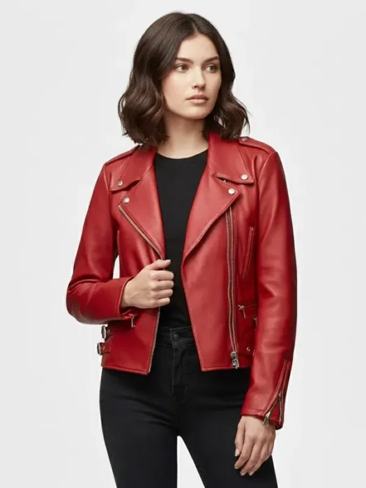 Womens Genuine Red Biker Leather Jacket