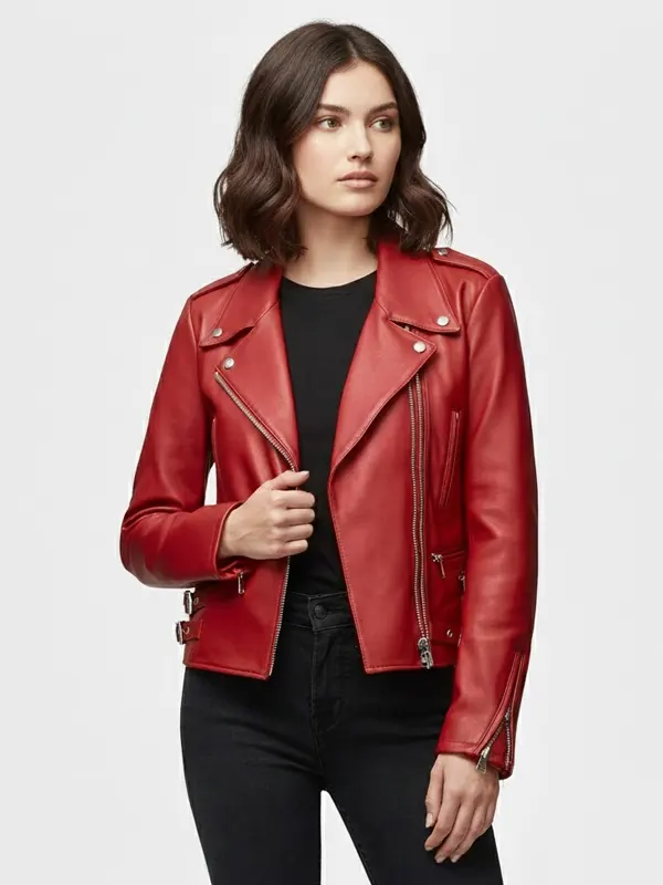 Womens Genuine Red Biker Leather Jacket