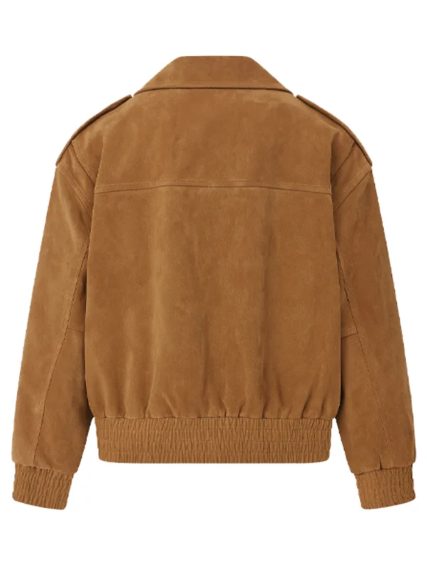 Womens Oversized Brown Suede Bomber Jacket Back