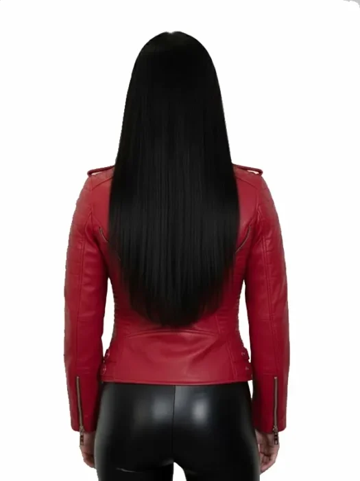 Womens Quilted Red Leather Motorcycle Jacket Back