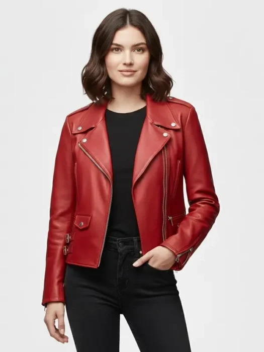 Womens Red Biker Leather Jacket