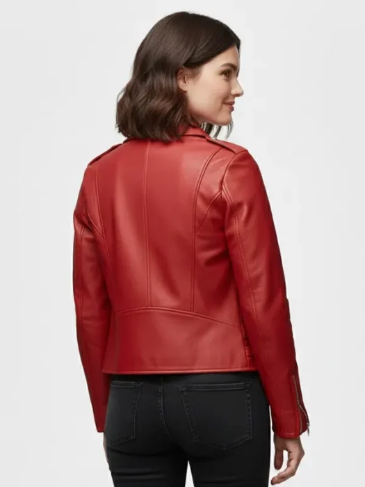 Women’s Red Biker Leather Jacket Back