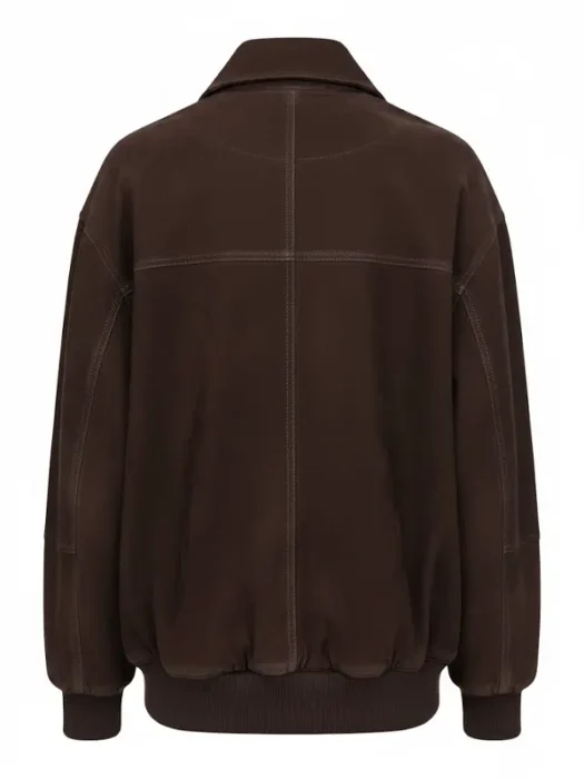 Womens Suede Dark Brown Bomber Jacket Back