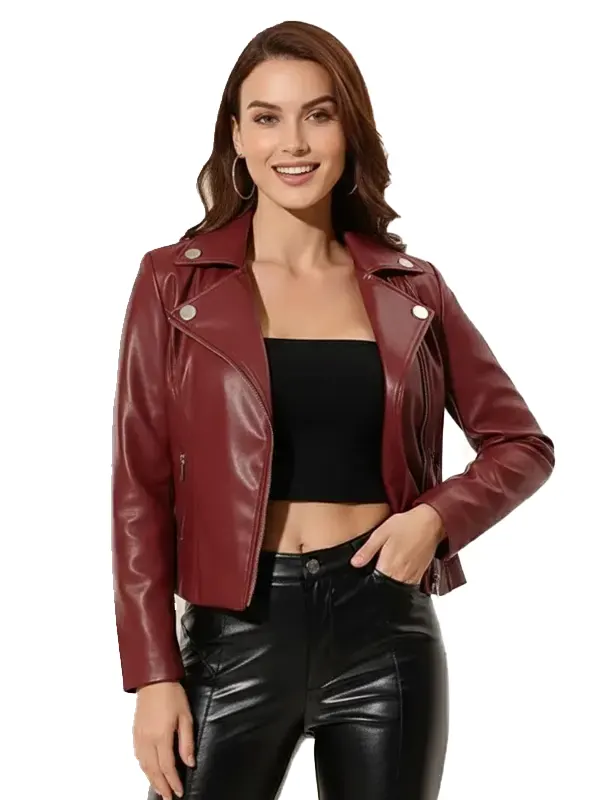 Womens Wine Red Moto Faux Jacket