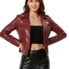 Womens Wine Red Moto Faux Leather Jacket