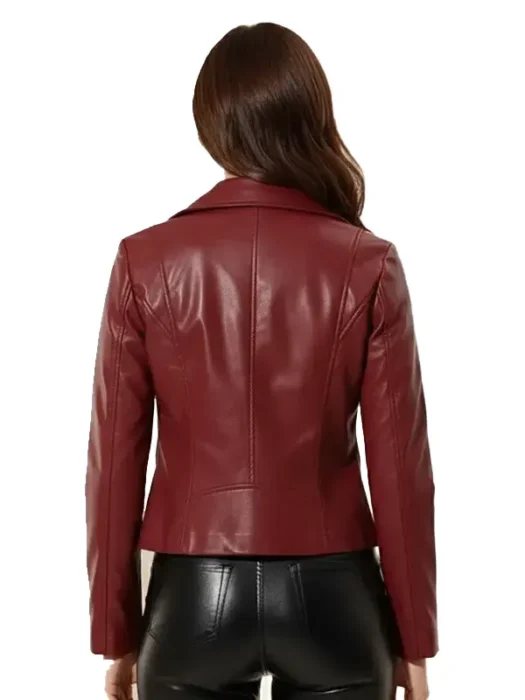 Womens Wine Red Moto Faux Leather Jacket Back