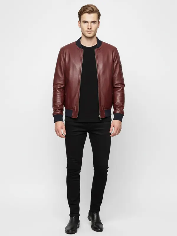 mens maroon Bomber leather Jacket