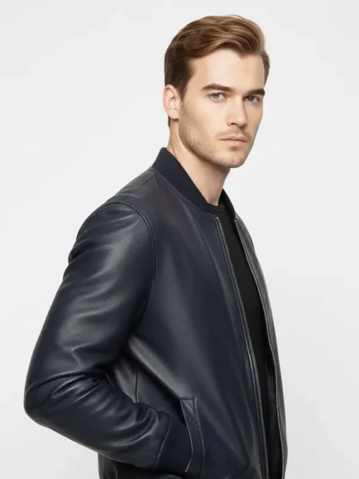 mens navy Bomber Leather Jacket