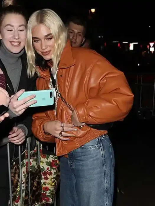 BBC Radio 1 Studios Dua Lipa Brown Cropped Leather Jacket