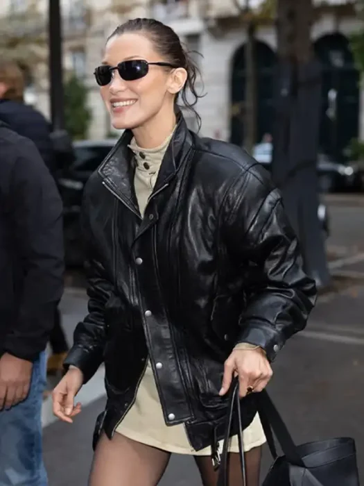 Bella Hadid Black Leather Bomber Jacket