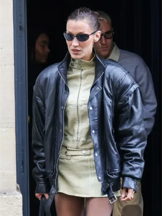 Bella Hadid Bomber Black Leather Jacket