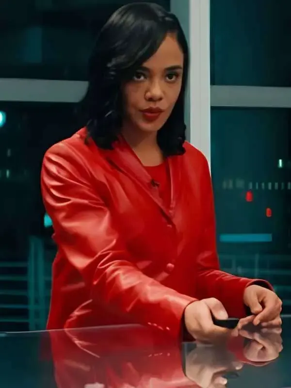 His and Hers Tessa Thompson Leather Red Blazer