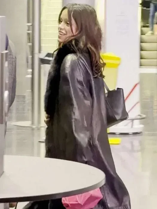 Jenna Ortega Black Shearling Leather Coat Back