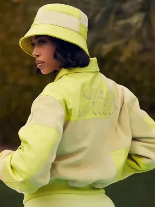 Lori Harvey Campaign Kith Green And Beige Cropped Bomber Jacket