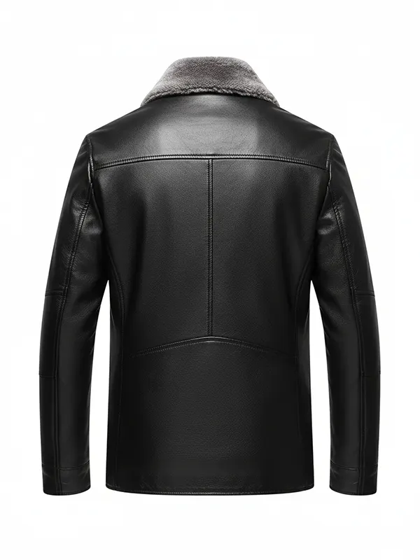Mens Black Faux Fur Leather Jacket Back