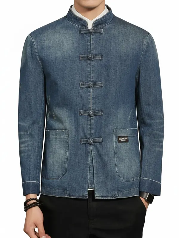 Mens Chinese Style Blue Denim Jacket