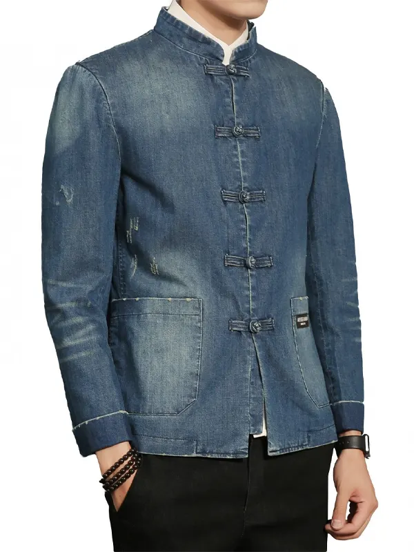 Mens Chinese Style Denim Blue Jacket