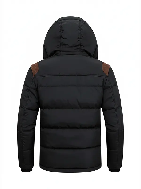 Mens Cotton Padded Black Hooded Jacket Back