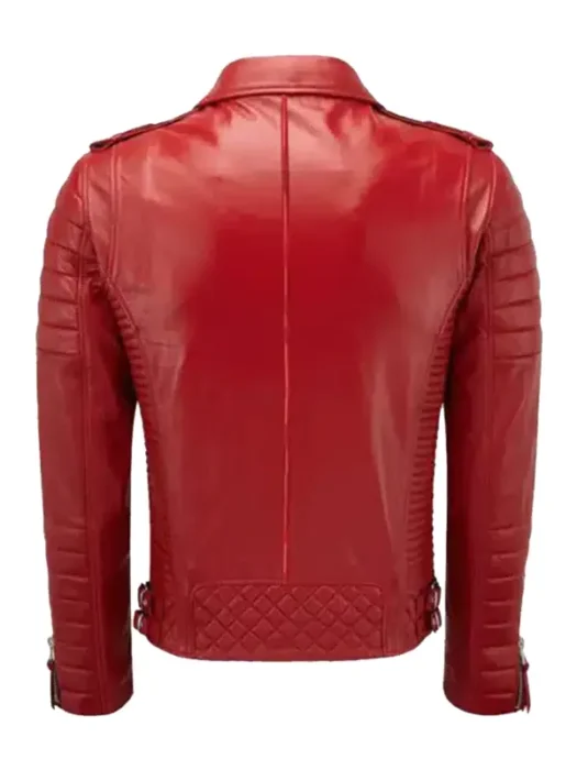 Men's Diamond Quilted Red Biker Leather Jacket Back