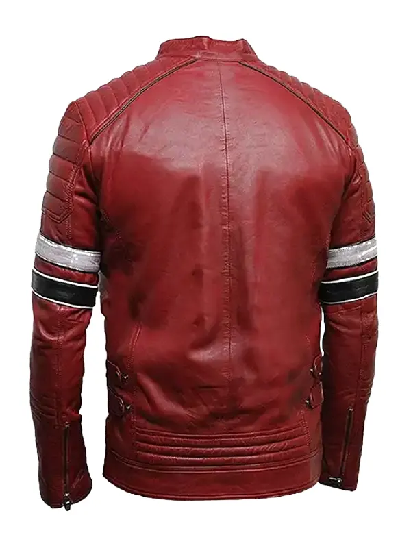 Men’s Red Biker Leather Jacket with Striped Back