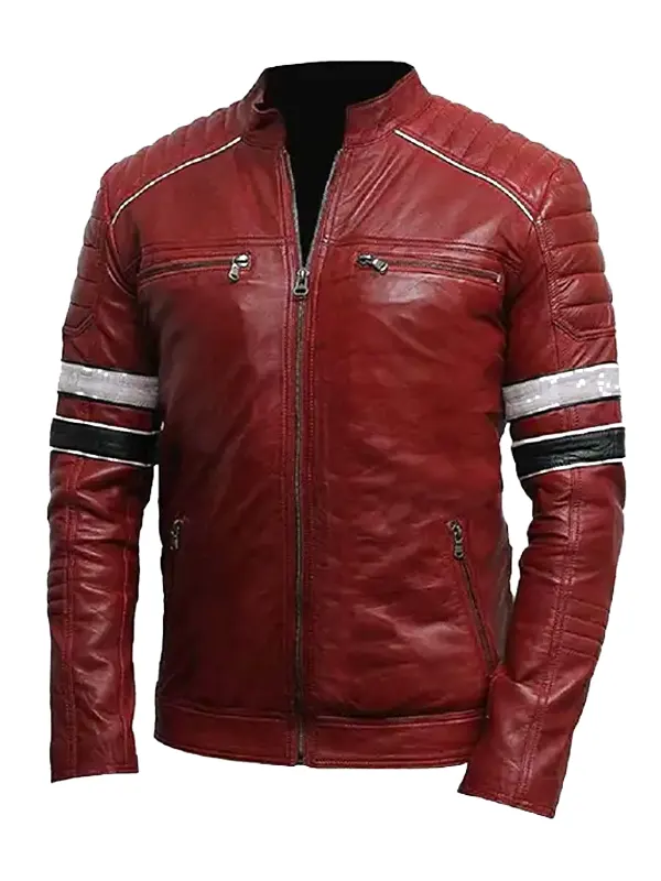 Men’s Red Biker Leather Jacket with Striped