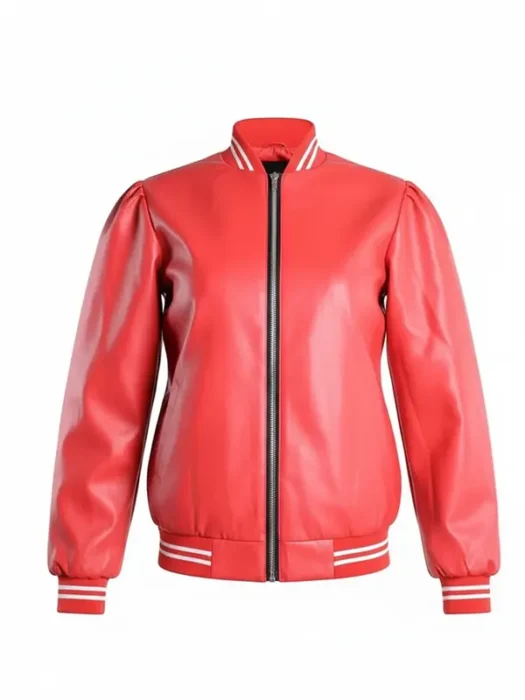 Mens Red Faux Bomber Leather Jacket