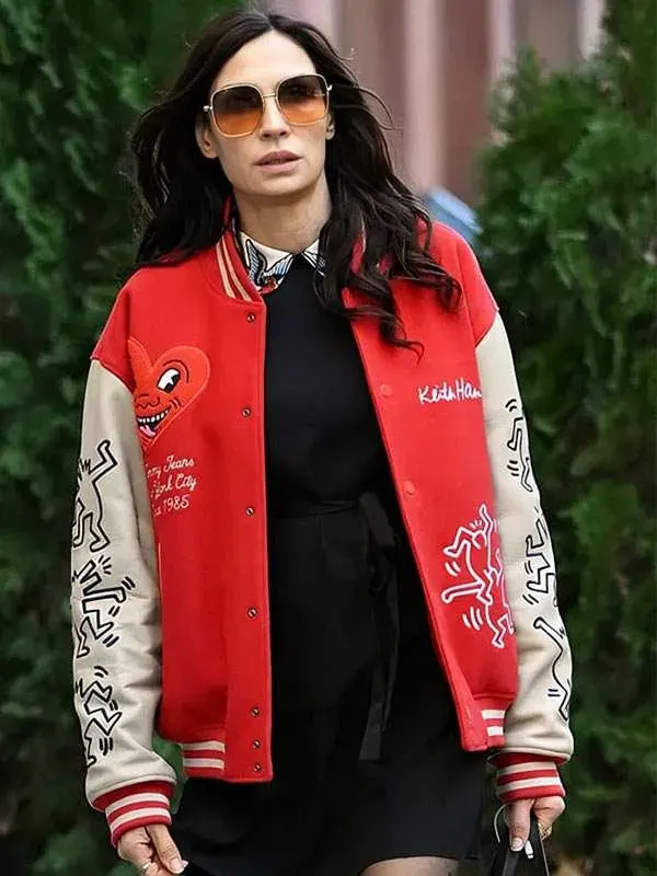 NYC 2026 Famke Janssen Red And White Varsity Jacket