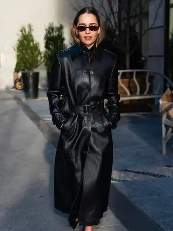 NYC Emilia Clarke Black Leather Coat