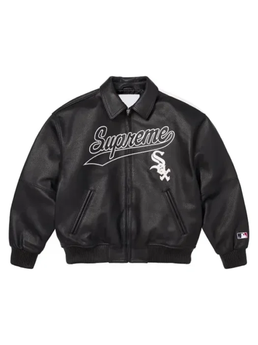 Supreme White And Black Leather Varsity Jacket