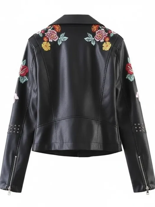 Womens Black Biker Jacket Back